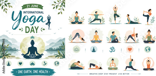 Bild auf Leinwand International Yoga Day vector set, 21 June celebration banner with yoga poses, f