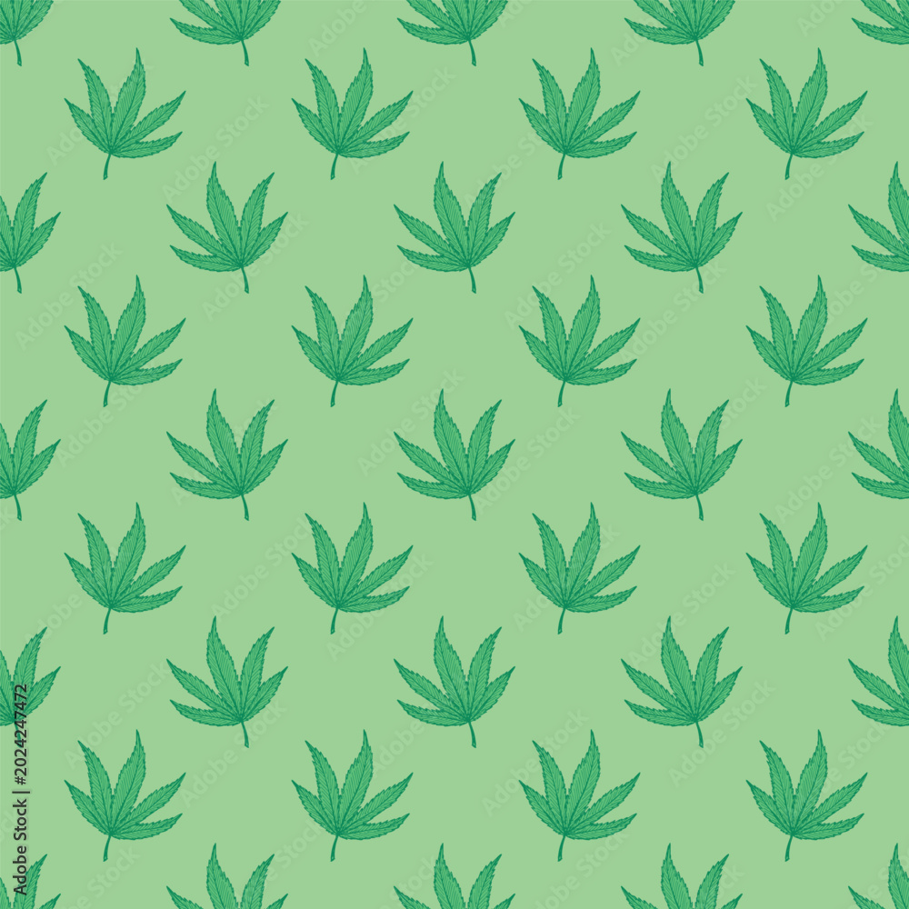 Fototapeta premium Seamless pattern with hand drawn cannabis leaf Medicine marijuana Hemp leaves For decorative print, wrapping paper, fabric, packaging, background