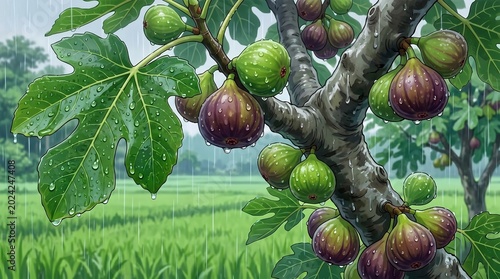 Fresh Green Fig Fruits Hanging on Branch with Rain Drops in Orchard, Cartoon Illustration of Ficus Carica Tree with Lush Leaves and Misty Garden Background