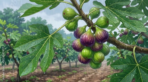 Rainy Day Fig Tree Orchard Illustration, Green and Purple Figs with Water Drops on Branch and Large Leaves, Digital Art Farm Garden Scene