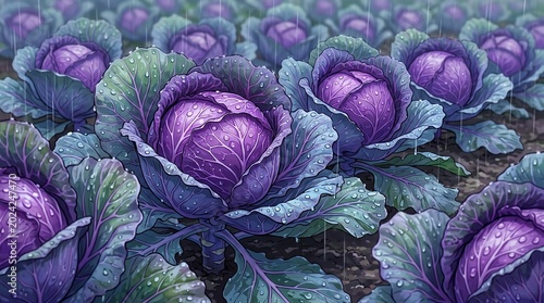 Cartoon Anime Illustration of Purple Cabbage with Rain Drops, Fresh Brassica in Green Garden