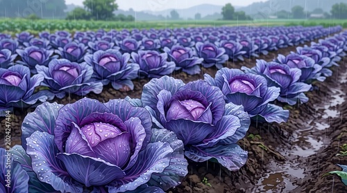 Purple Cabbage with Rain Drops in Garden, Anime Art Illustration of Fresh Wet Brassica in Rainy Season