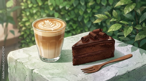 Anime style illustration of a cup of coffee and a slice of chocolate cake on a marble table