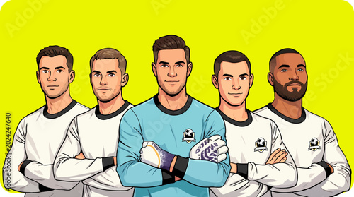 Vector illustration featuring a group of five diverse male professional soccer players proudly wearing white jersey of the national football team.