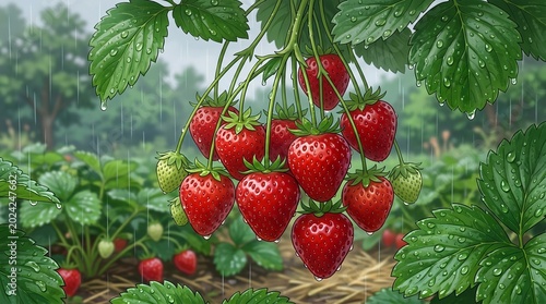 Monsoon season agriculture featuring a cluster of hanging strawberries wet with rain, designed in a classic Japanese animation style.
