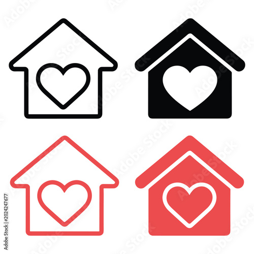 Bild auf Leinwand Set of four house icons with hearts representing domestic love and family care under bright flat lighting on white background