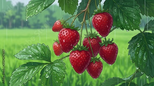 Fresh strawberry patch with water droplets glistening on leaves and red berries, captured as a beautiful 2D watercolor illustration.