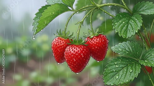 Ripe red strawberries hanging from green vines covered in raindrops during a downpour, presented in a lush anime manga art style.