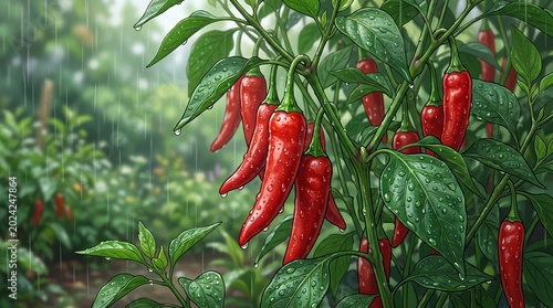 Anime style illustration of fresh red chili peppers growing on a lush plant during a rain shower