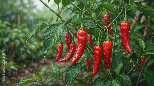 Vibrant anime art of spicy red chilies hanging on green branches in the rain