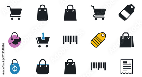 Shopping icons cart bags barcode tags