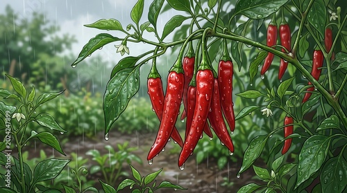 Fresh organic red chili pepper plant with raindrops in a vibrant illustrated garden