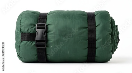 Dark green sleeping bag, compactly rolled, secured buckle straps, clean studio capture, white background showcasing outdoor equipment marketing.