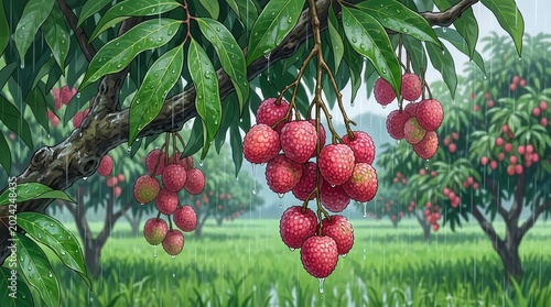 Bumpy Pink Lychee Clusters Glistening in Tropical Rain, Anime Digital Art of Litchi Chinensis with Glossy Foliage