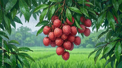 Ripe Lychee Hanging on Branch, Anime Style Digital Illustration of Tropical Litchi Harvest