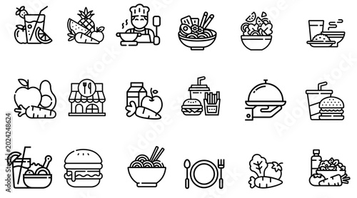 Healthy Food and Fast Food Line Icon Set Vector Collection