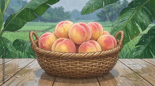Juicy peaches with green leaves sitting in a woven basket, rendered as a stylized 2D anime food illustration for graphic assets.