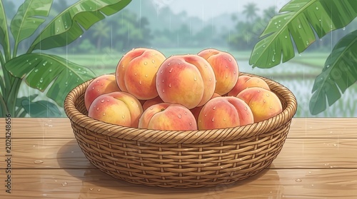 Freshly harvested peaches with water drops inside a wicker basket on a wooden table, featuring a vibrant anime manga art style.