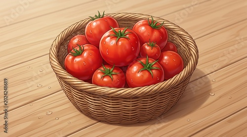 Cartoon art of ripe red tomatoes in a wicker basket on a kitchen counter