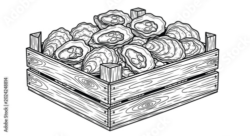 Schilderij op canvas Vintage oyster crate illustration black and white woodcut style