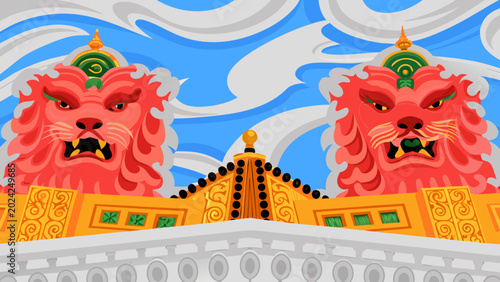 Twin celestial lions guarding a golden gate, intricate folkloric patterns, emerald green details, sharp vector art, royal crest aesthetic. 1