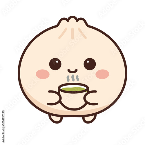 Adorable white kawaii dimsum characters with cute facial expressions in a minimalist 2D cartoon illustration style