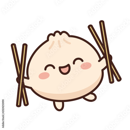 Adorable white kawaii dimsum characters with cute facial expressions in a minimalist 2D cartoon illustration style