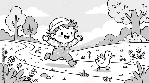 Bild auf Leinwand Happy little boy running with duck.