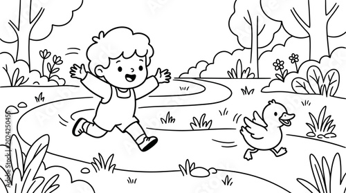 Foto Child Running with Happy Little Duck.