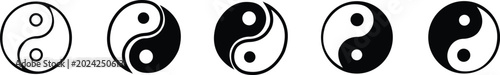 Foto Black flat line yin yang vector set collection group with taenite balance symbol and outline icons, Chinese philosophy harmony editable minimalist sign isolated on transparent background