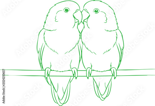 Foto line drawing of two lovebirds perched on a branch green monochrome