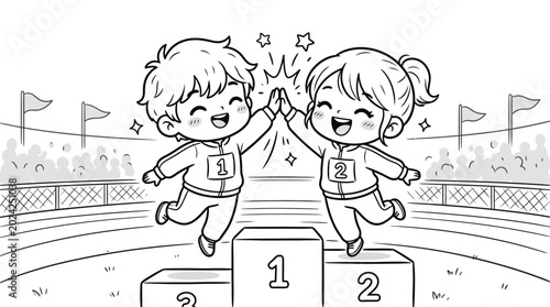 Photography Children Celebrating on Podium Steps.