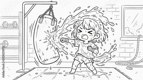 Cuadro en lienzo Little girl hitting punching bag hard.
