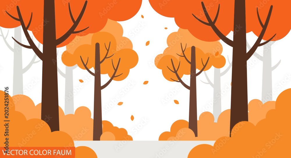 Fototapeta premium Autumn Forest Scene with Orange Trees and Falling Leaves