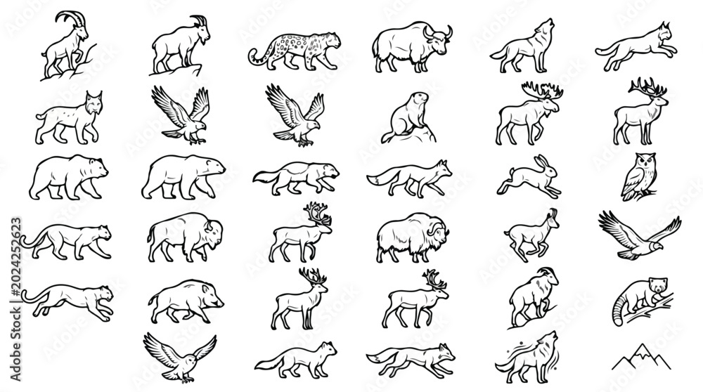Fototapeta premium Minimalist wild animal line icons, set of 31 forest and mountain wildlife vector illustrations, black outline wilderness fauna symbols for logos