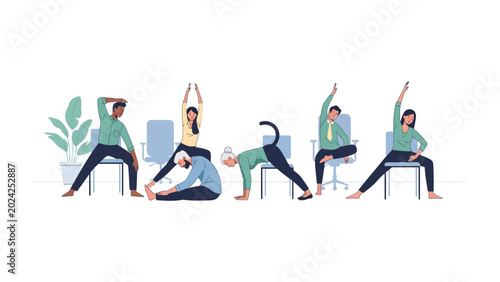 Photos Desk Yoga Zen: A diverse group of colleagues embraces tranquility and wellness with seated yoga poses, transforming their office chairs into a sanctuary of calm and flexibility