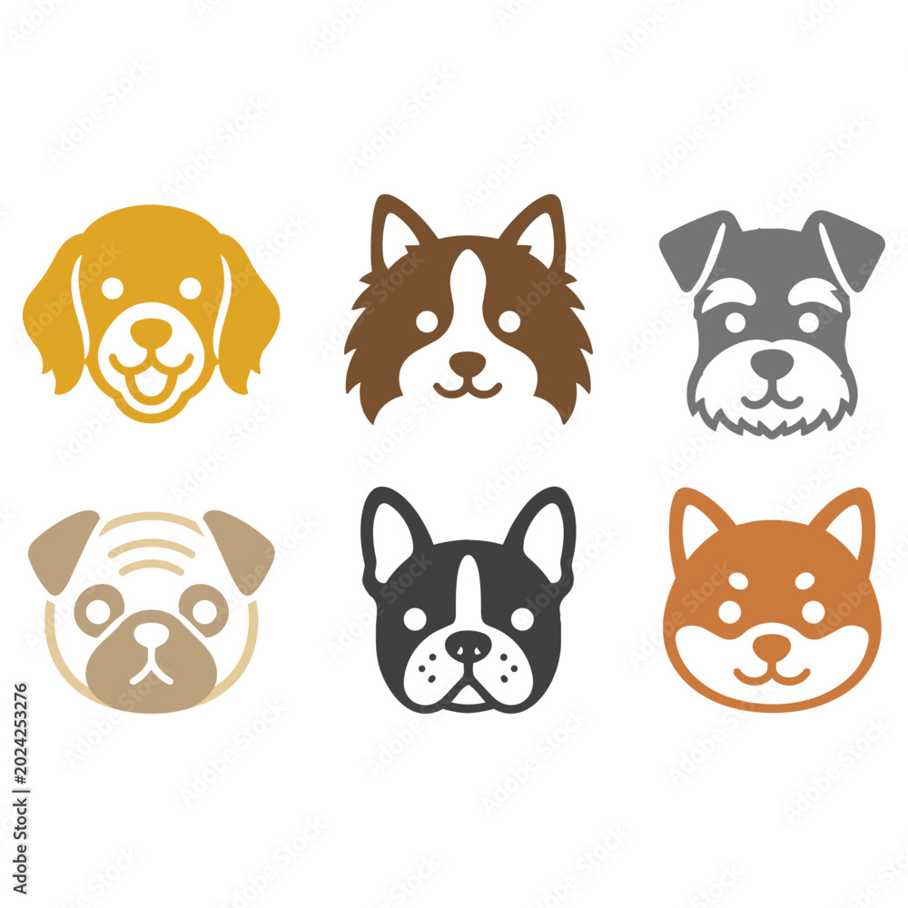 Fototapeta premium Vector icon set featuring popular dog breeds including Shiba Inu, pug, schnauzer, and bulldog. Friendly flat design with warm brown, gray, black, and orange color palettes.