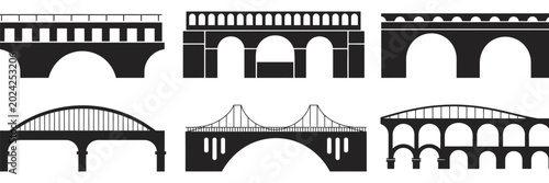 Bild auf Leinwand Bridge vector black and white icons set with historical stone aqueduct structure