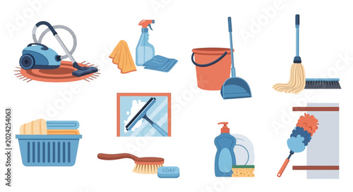 Household Cleaning Supplies and Tools Collection