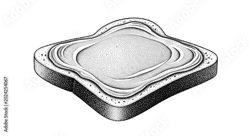 Detailed black and white illustration of toast with a generous spread of creamy peanut butter, showcasing intricate textures and shading on a white background