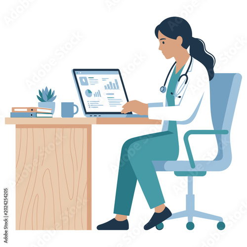 Photos An illustration of a female doctor sitting at a desk using a laptop in a hospital office setting