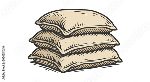 Illustration of three grain sacks neatly stacked, showcasing detailed line art with a neutral background