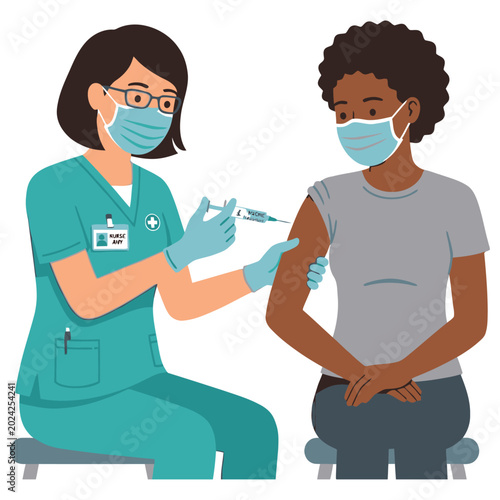 Принти на полотні A nurse wearing a mask and scrubs administers a vaccine injection to a patient, who is also wearing a mask, in a medical setting