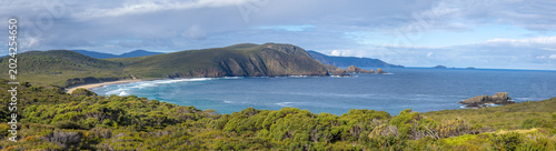 Panoramic view of Lighthouse Bay on Bruny Island, Tasmania, Australia