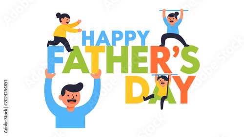 Quadro su tela Happy Father's Day Illustration: A joyous illustration celebrating Father's Day, with a father figure and his children interacting with large, colorful letters that spell out the greeting