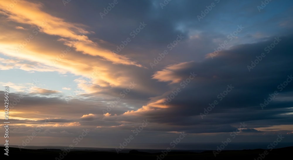 Fototapeta premium Golden sunset clouds over a dark landscape horizon at twilight