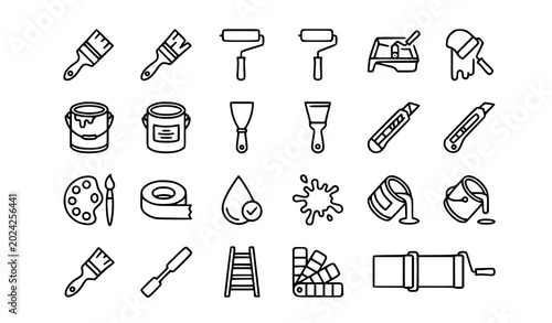 Obraz na płótnie Paint roller and brush outline icon collection painting tools vector illustratio