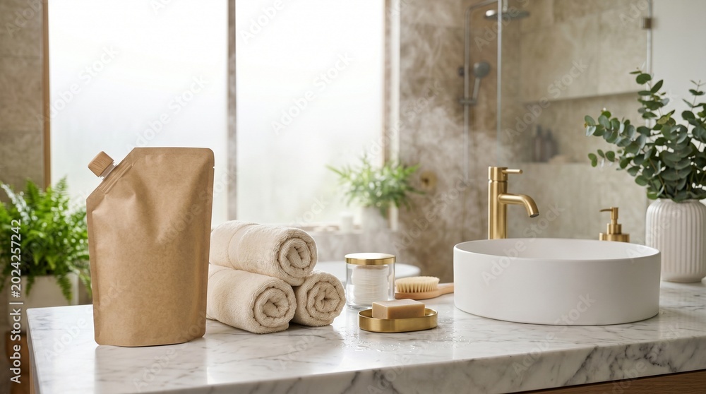 Fototapeta premium Organic refill pouch and natural skincare products on marble bathroom counter with plants and sunlight