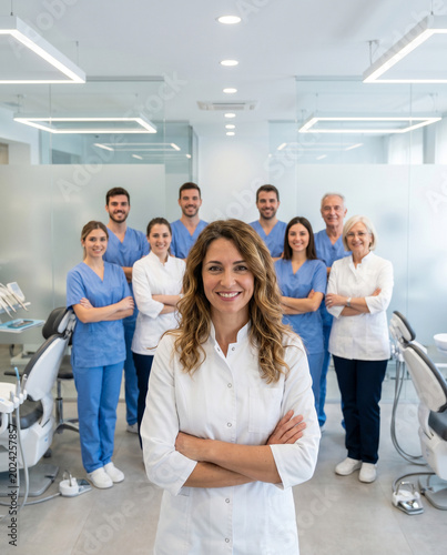 Diverse dental team standing in modern clinic with confident female dentist in foreground, smiling healthcare professionals, dental assistants and hygienists, premium medical environment, professional