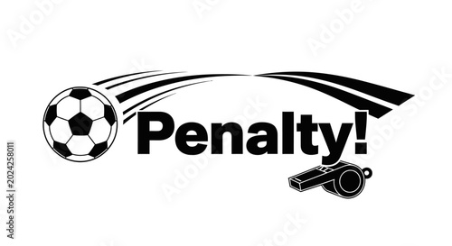 Fotografía Penalty soccer ball graphic with referee whistle icon in black and white line art